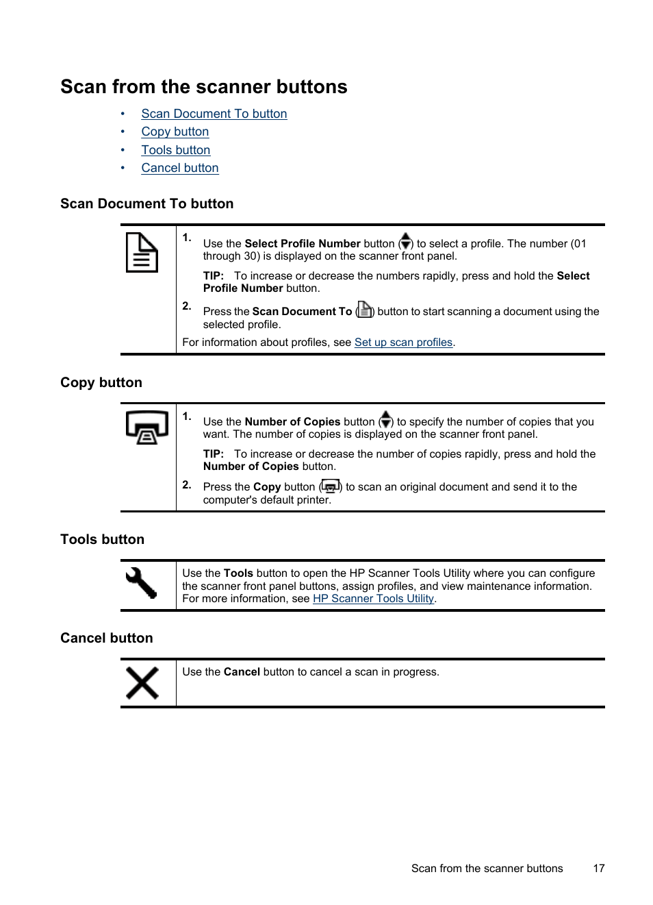 Scan from the scanner buttons, Scan document to button, Copy button | Tools button, Cancel button | HP Scanjet N7710 Document Sheet-feed Scanner User Manual | Page 19 / 42