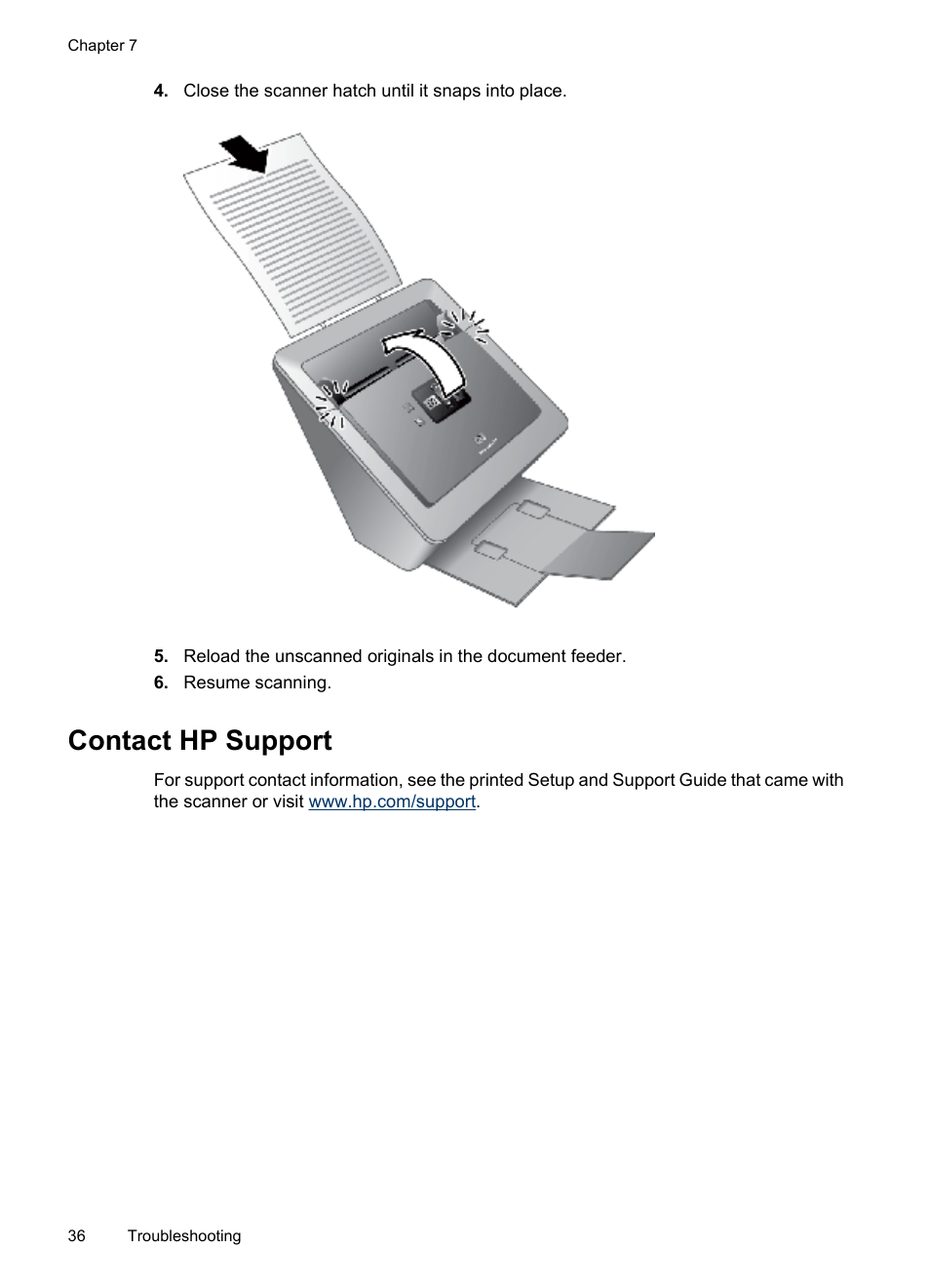 Contact hp support | HP Scanjet N7710 Document Sheet-feed Scanner User Manual | Page 38 / 42