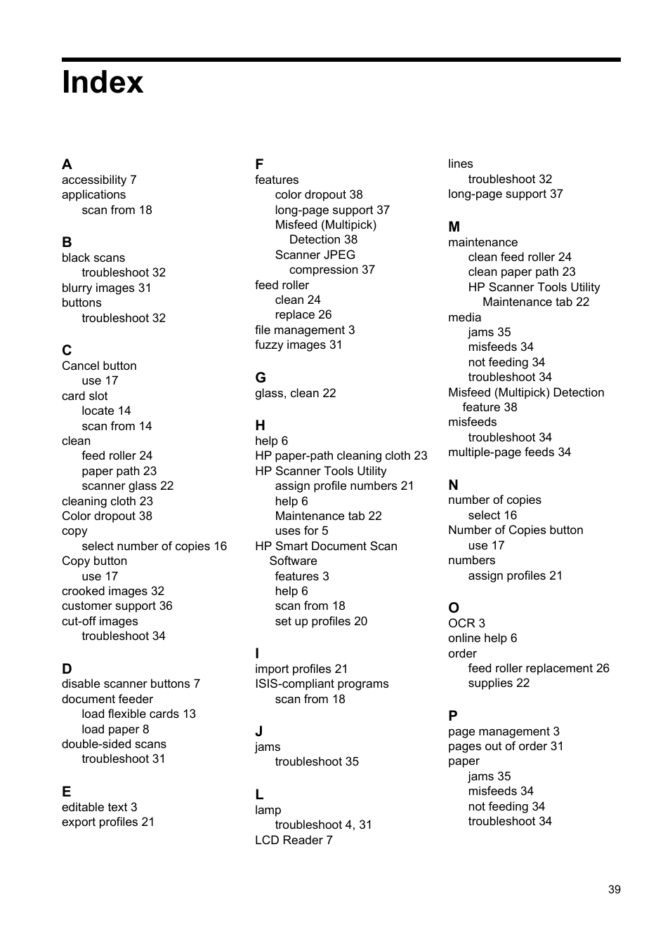 Index | HP Scanjet N7710 Document Sheet-feed Scanner User Manual | Page 41 / 42