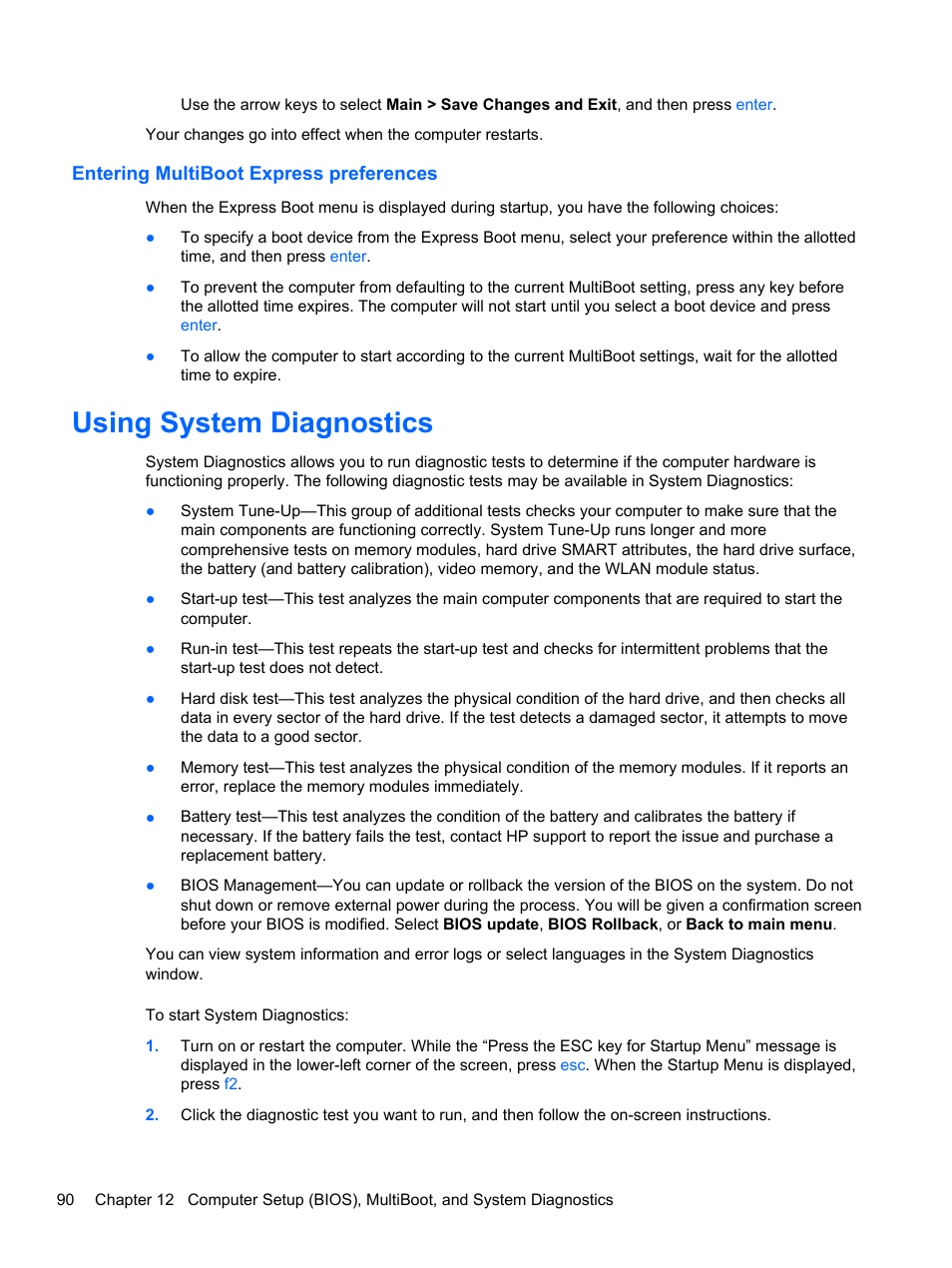 Entering multiboot express preferences, Using system diagnostics | HP ProBook 645 G1 Notebook PC User Manual | Page 100 / 115
