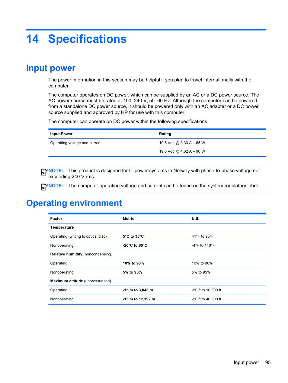 Specifications, Input power, Operating environment | 14 specifications, Input power operating environment | HP ProBook 645 G1 Notebook PC User Manual | Page 105 / 115