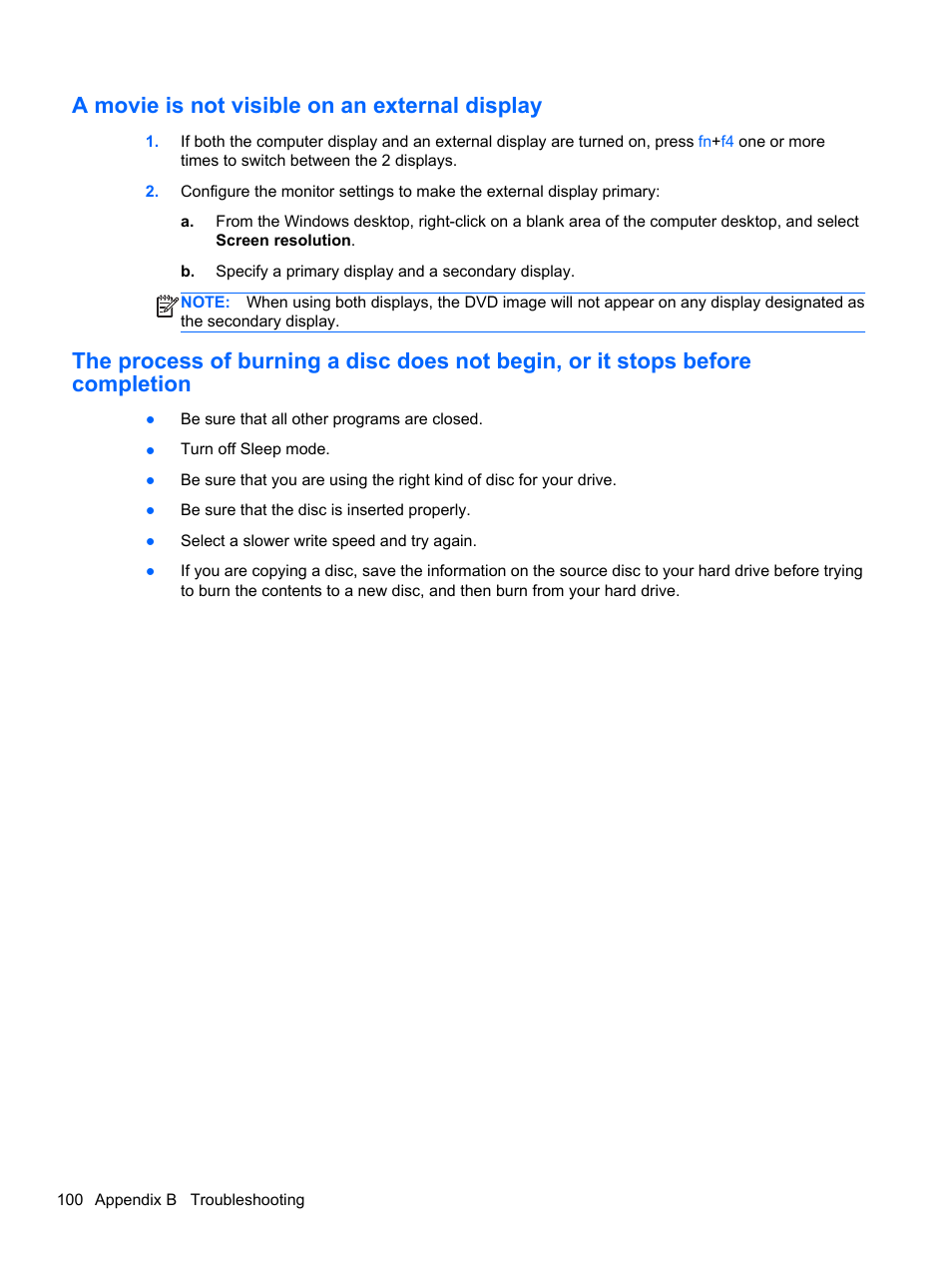 A movie is not visible on an external display | HP ProBook 645 G1 Notebook PC User Manual | Page 110 / 115