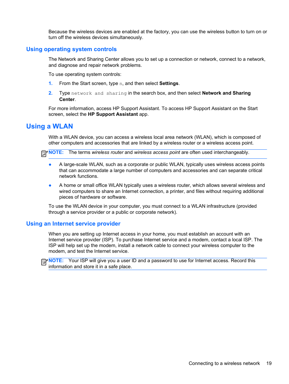 Using operating system controls, Using a wlan, Using an internet service provider | HP ProBook 645 G1 Notebook PC User Manual | Page 29 / 115