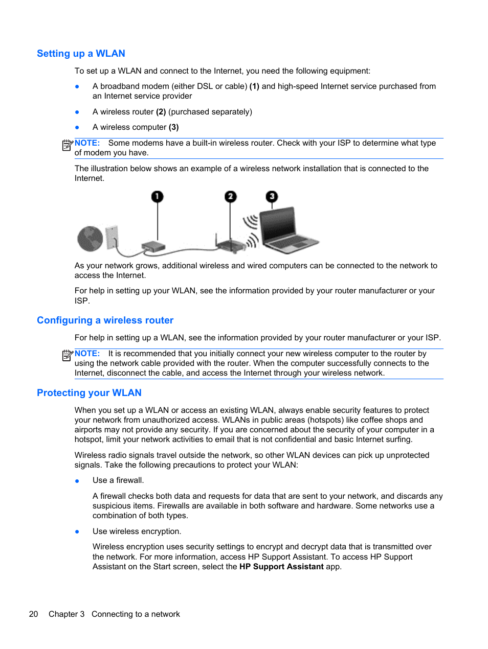 Setting up a wlan, Configuring a wireless router, Protecting your wlan | HP ProBook 645 G1 Notebook PC User Manual | Page 30 / 115