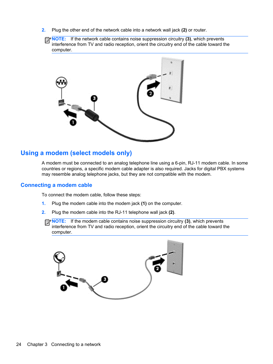 Using a modem (select models only), Connecting a modem cable | HP ProBook 645 G1 Notebook PC User Manual | Page 34 / 115