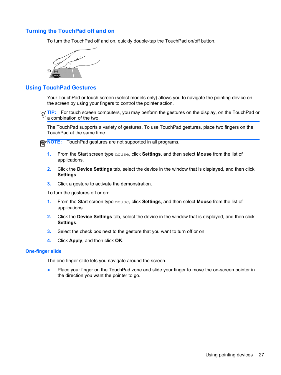 Turning the touchpad off and on, Using touchpad gestures, One-finger slide | HP ProBook 645 G1 Notebook PC User Manual | Page 37 / 115