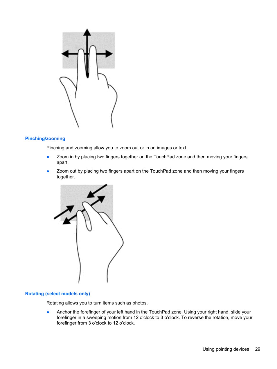 Pinching/zooming, Rotating (select models only), Pinching/zooming rotating (select models only) | HP ProBook 645 G1 Notebook PC User Manual | Page 39 / 115