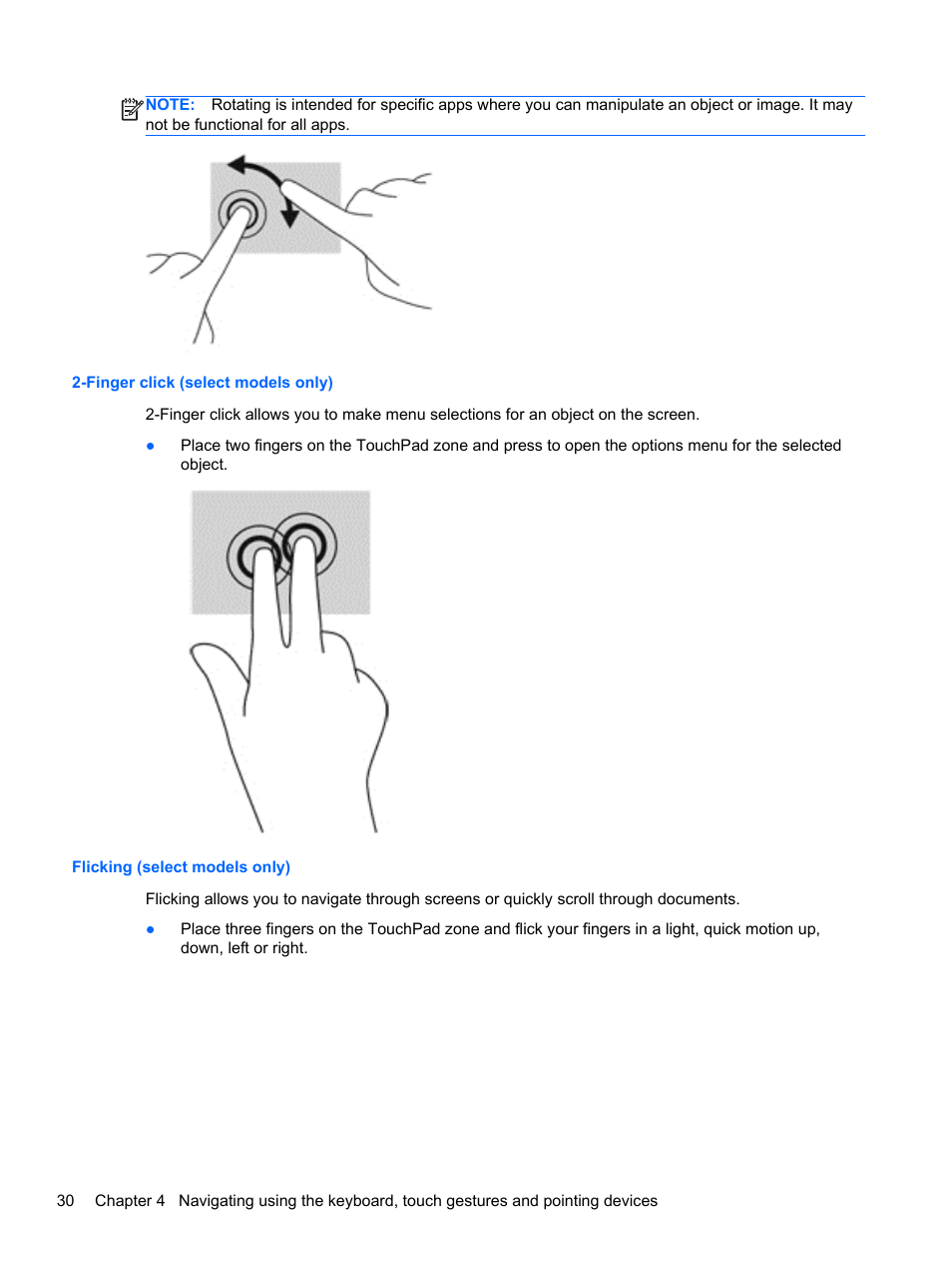 Finger click (select models only), Flicking (select models only) | HP ProBook 645 G1 Notebook PC User Manual | Page 40 / 115