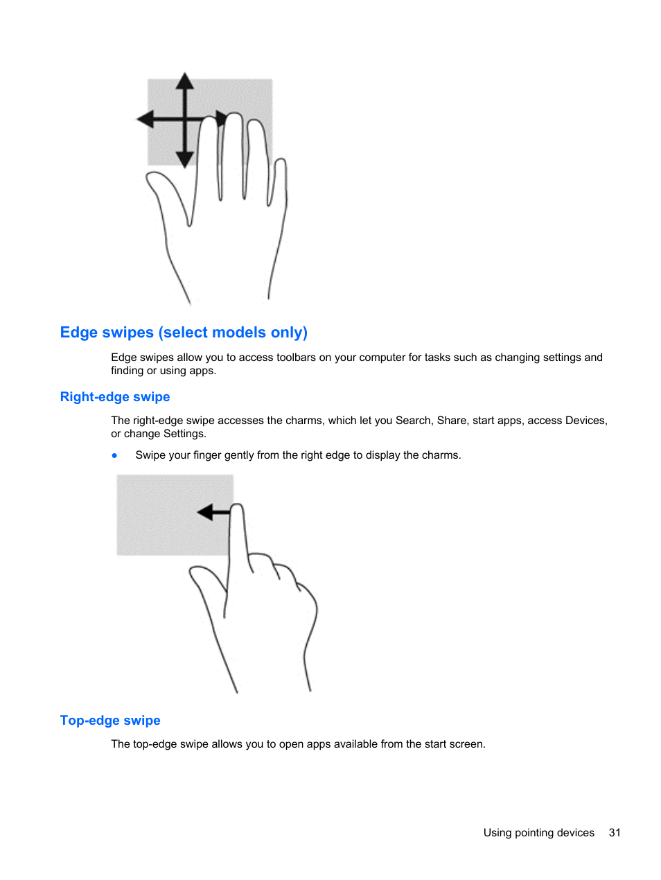 Edge swipes (select models only), Right-edge swipe, Top-edge swipe | Right-edge swipe top-edge swipe | HP ProBook 645 G1 Notebook PC User Manual | Page 41 / 115