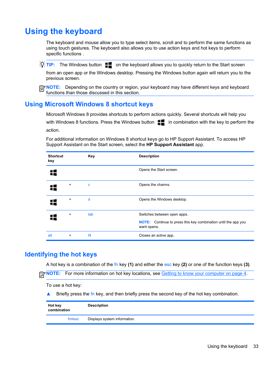 Using the keyboard, Using microsoft windows 8 shortcut keys, Identifying the hot keys | HP ProBook 645 G1 Notebook PC User Manual | Page 43 / 115