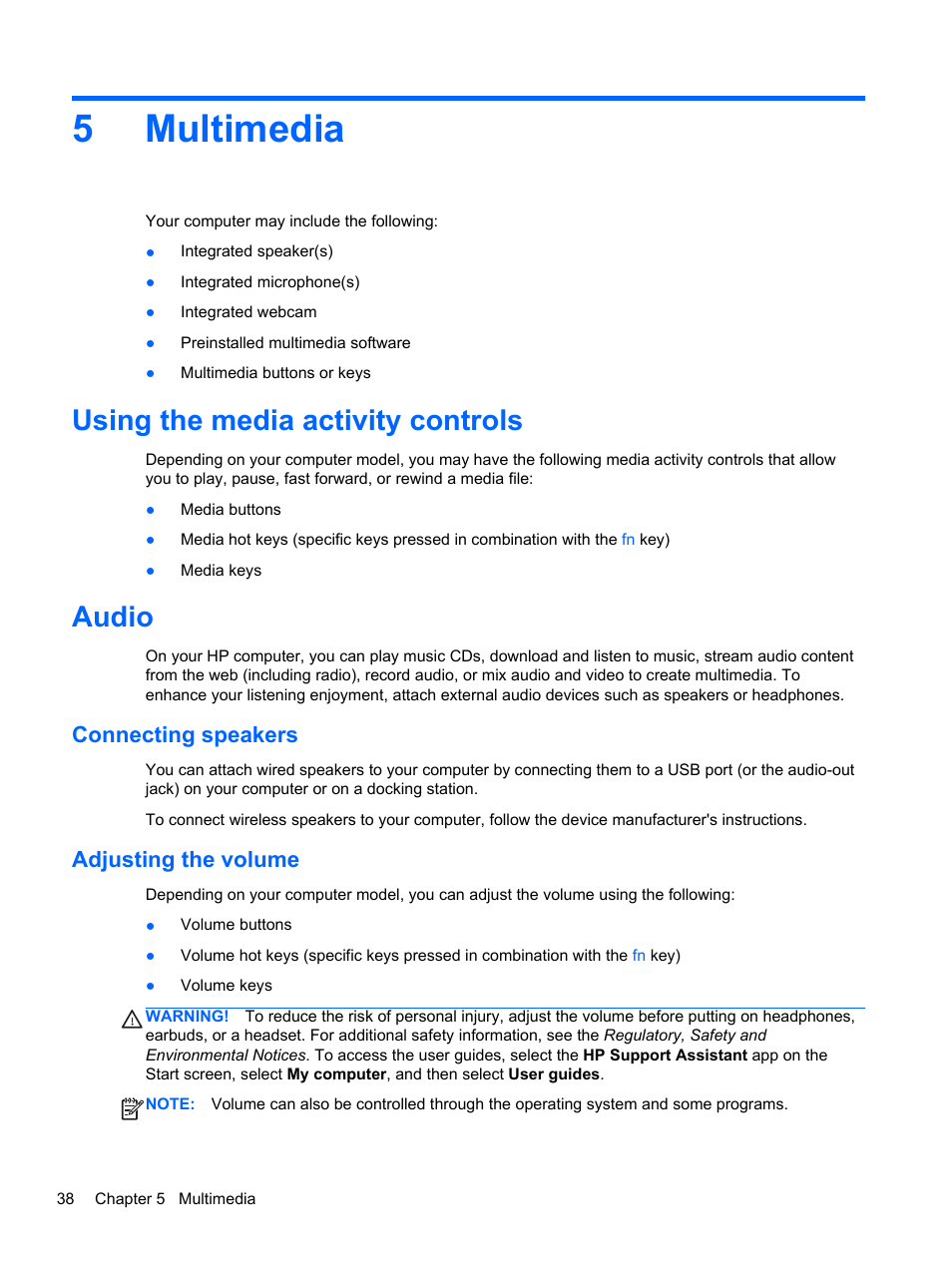 Multimedia, Using the media activity controls, Audio | Connecting speakers, Adjusting the volume, 5 multimedia, Using the media activity controls audio, Connecting speakers adjusting the volume, 5multimedia | HP ProBook 645 G1 Notebook PC User Manual | Page 48 / 115