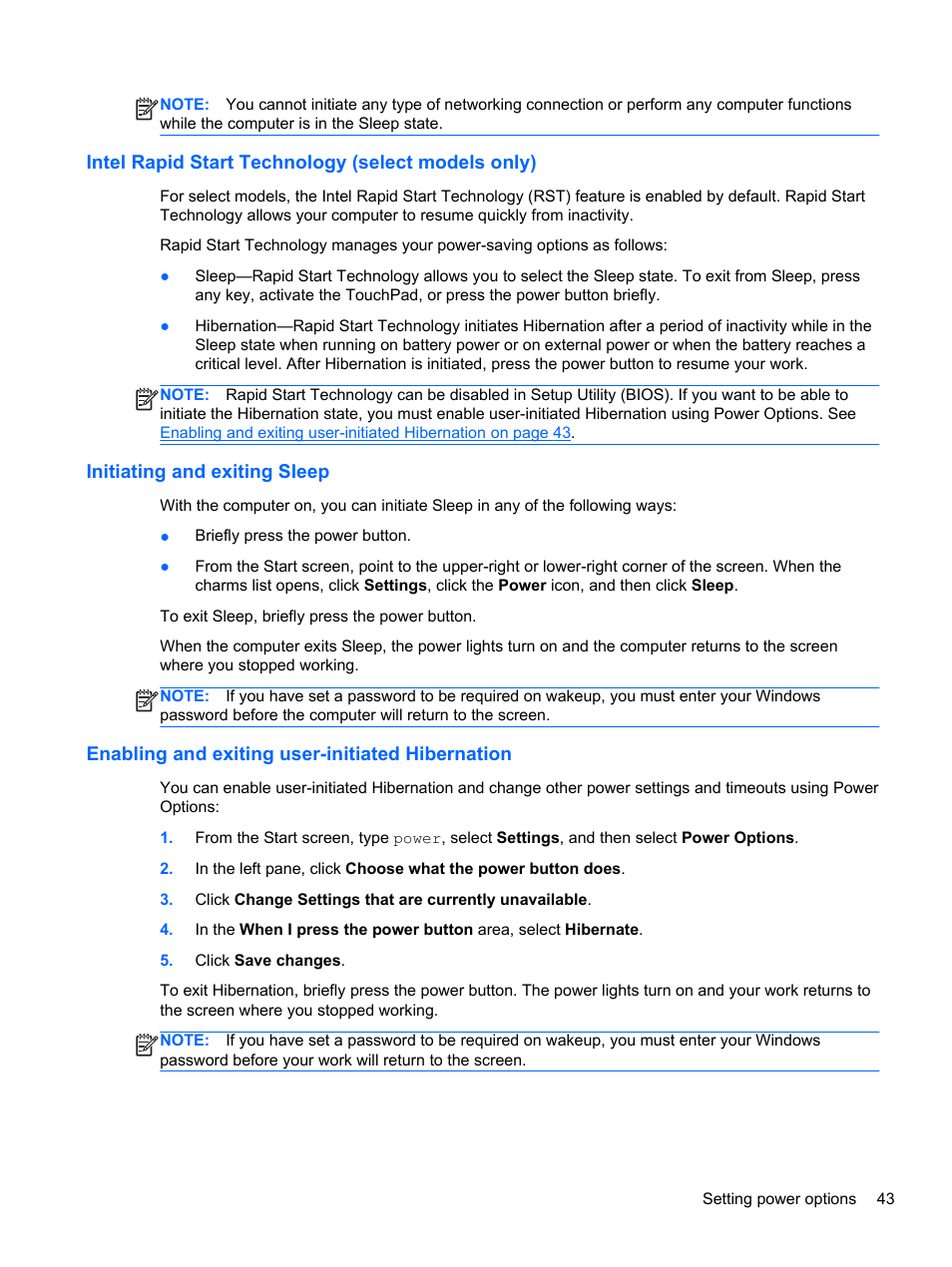 Intel rapid start technology (select models only), Initiating and exiting sleep, Enabling and exiting user-initiated hibernation | HP ProBook 645 G1 Notebook PC User Manual | Page 53 / 115