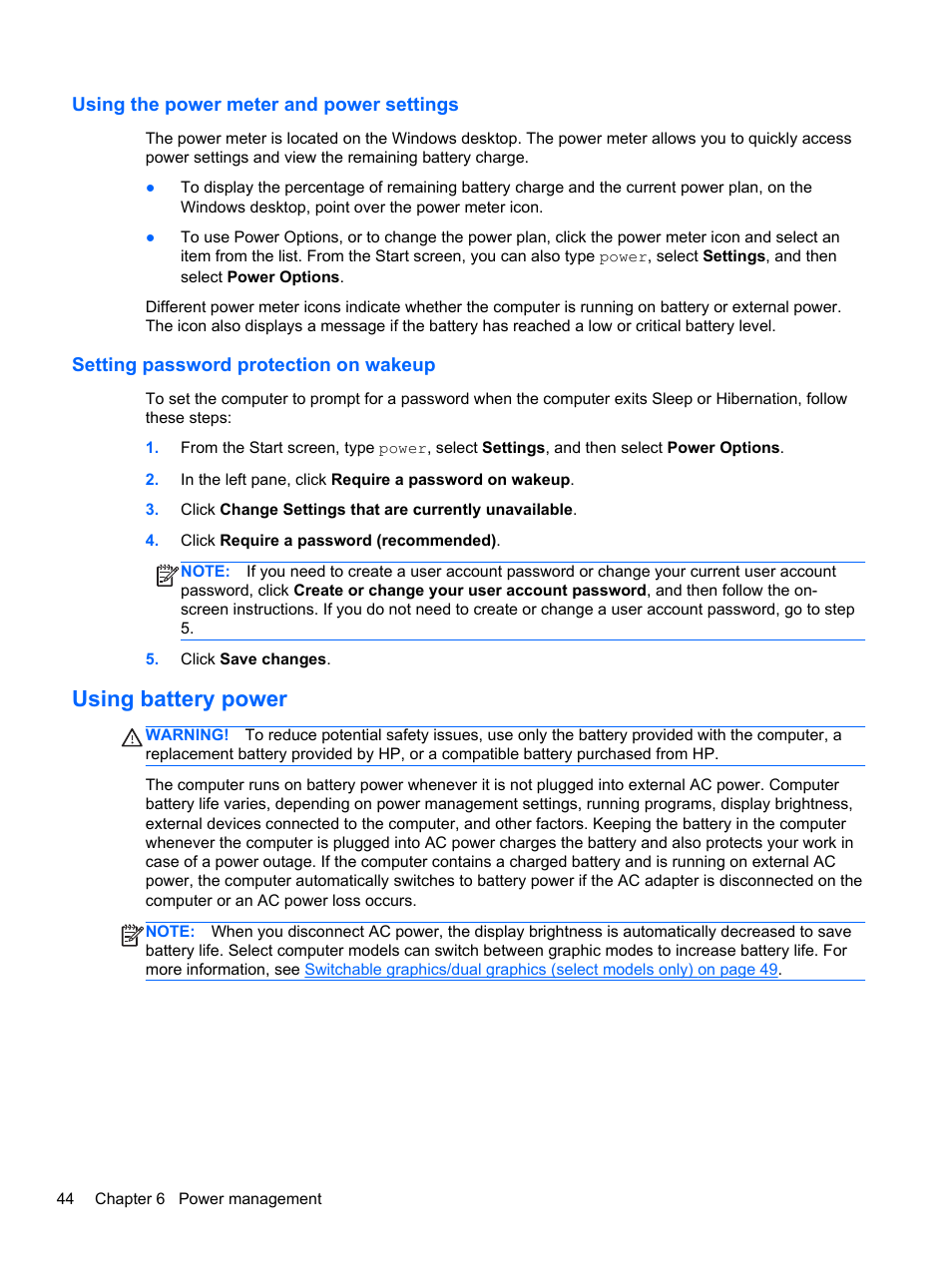 Using the power meter and power settings, Setting password protection on wakeup, Using battery power | HP ProBook 645 G1 Notebook PC User Manual | Page 54 / 115