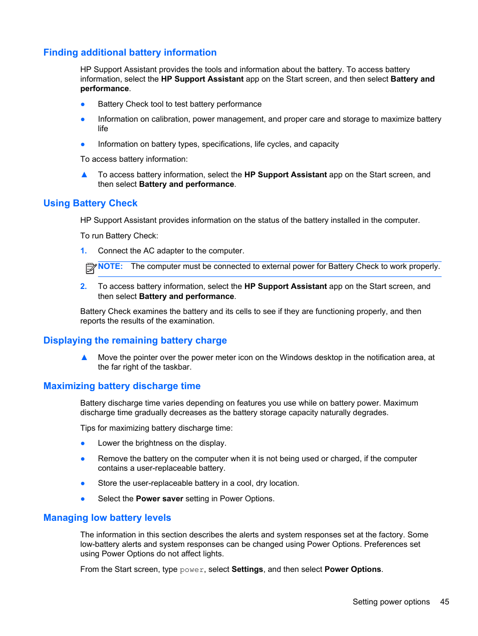 Finding additional battery information, Using battery check, Displaying the remaining battery charge | Maximizing battery discharge time, Managing low battery levels | HP ProBook 645 G1 Notebook PC User Manual | Page 55 / 115