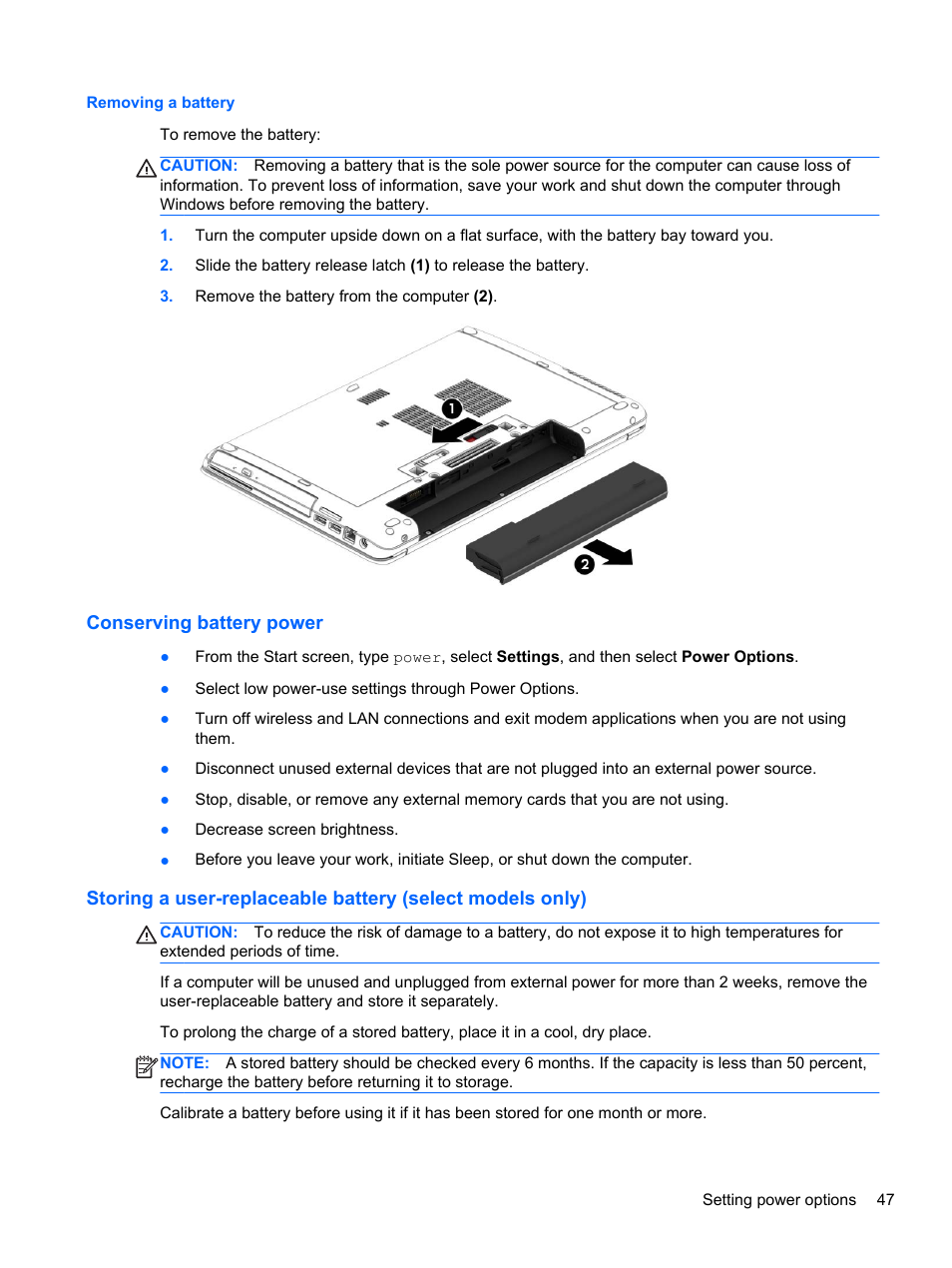 Removing a battery, Conserving battery power | HP ProBook 645 G1 Notebook PC User Manual | Page 57 / 115