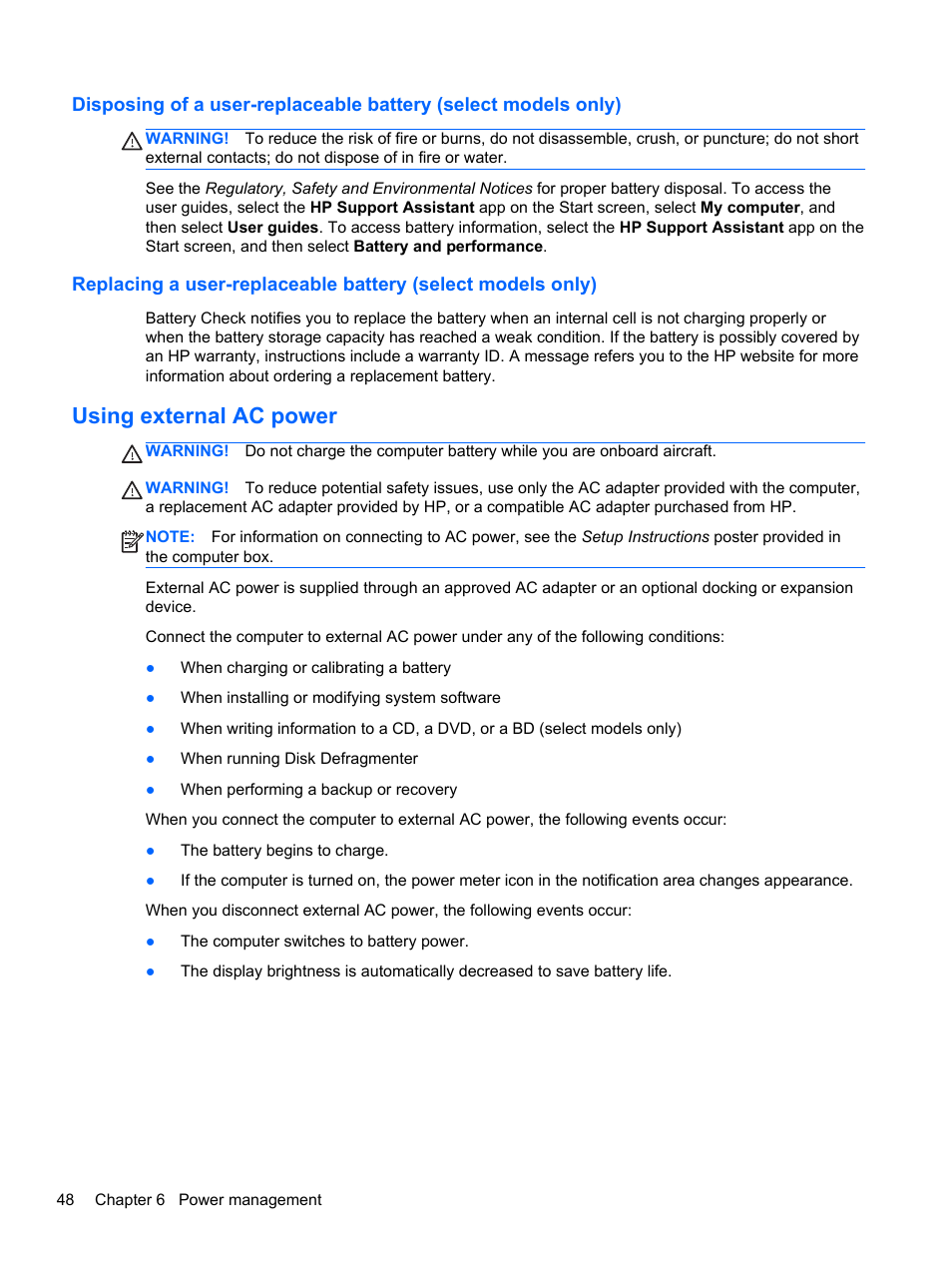 Using external ac power | HP ProBook 645 G1 Notebook PC User Manual | Page 58 / 115