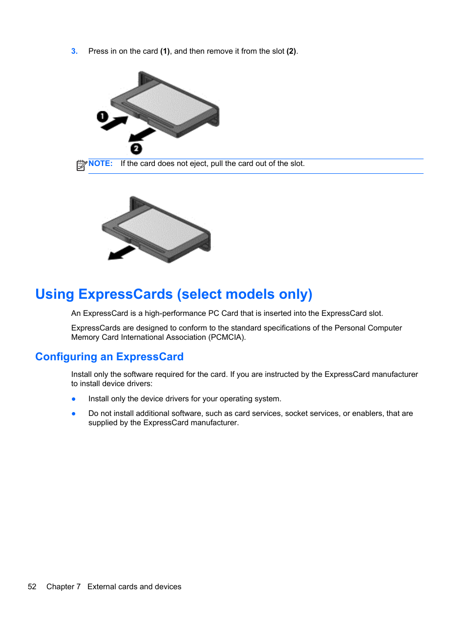 Using expresscards (select models only), Configuring an expresscard | HP ProBook 645 G1 Notebook PC User Manual | Page 62 / 115