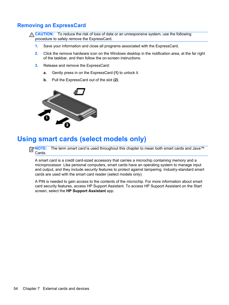 Removing an expresscard, Using smart cards (select models only) | HP ProBook 645 G1 Notebook PC User Manual | Page 64 / 115