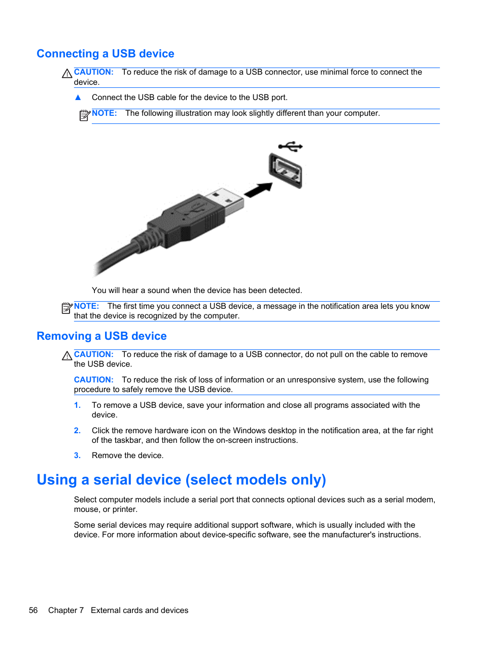 Connecting a usb device, Removing a usb device, Using a serial device (select models only) | Connecting a usb device removing a usb device | HP ProBook 645 G1 Notebook PC User Manual | Page 66 / 115