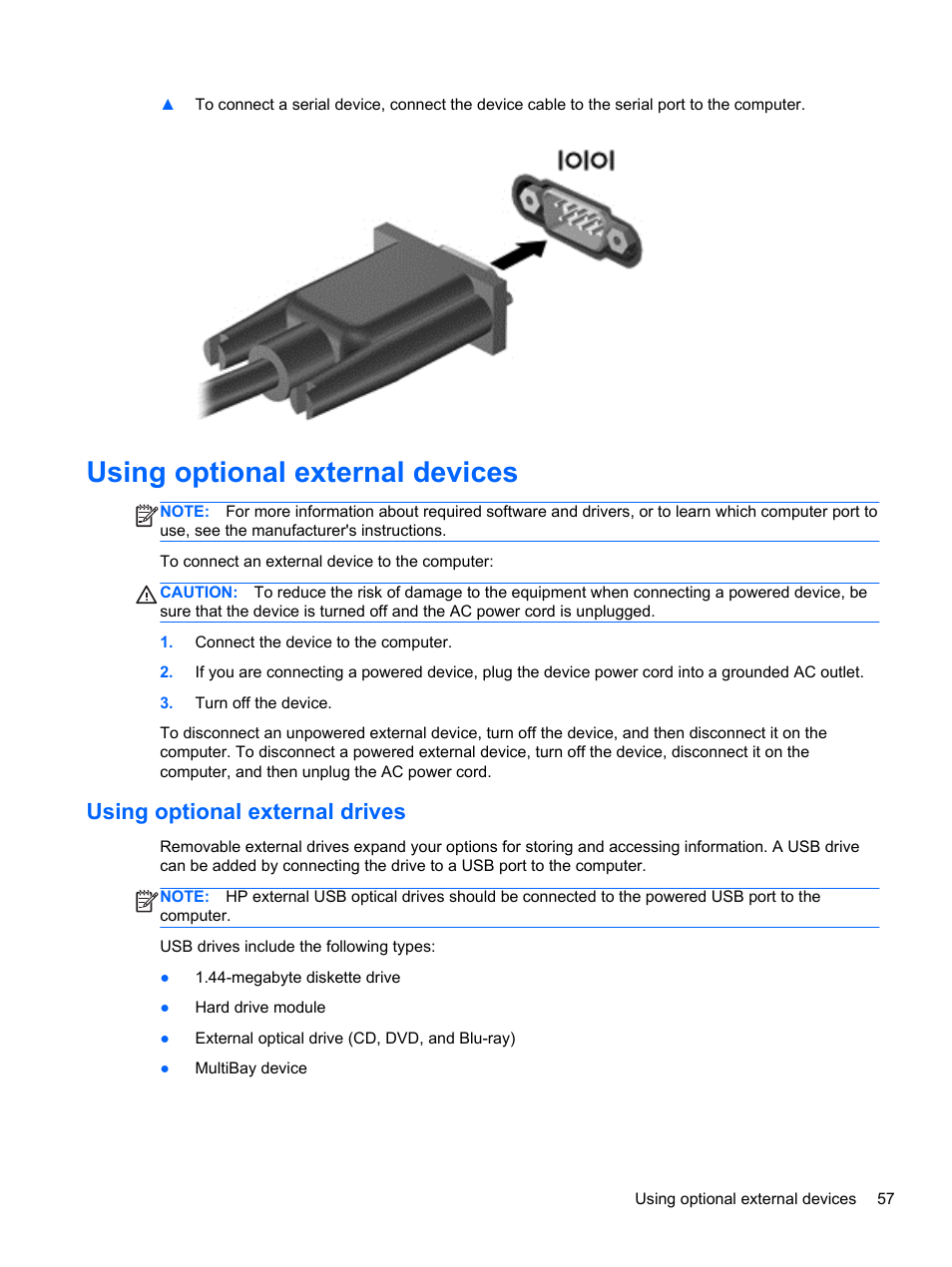 Using optional external devices, Using optional external drives | HP ProBook 645 G1 Notebook PC User Manual | Page 67 / 115