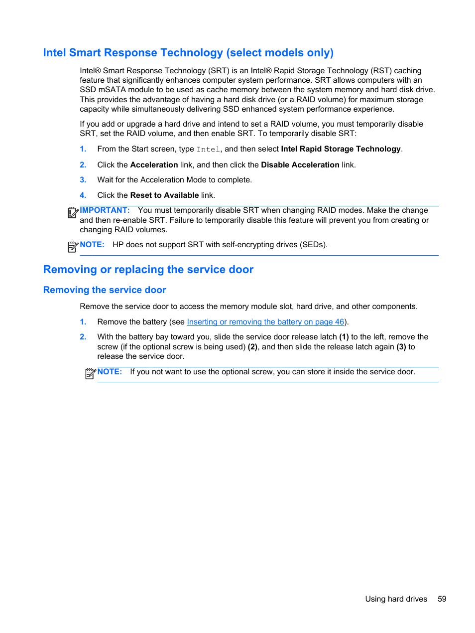 Removing or replacing the service door, Removing the service door | HP ProBook 645 G1 Notebook PC User Manual | Page 69 / 115