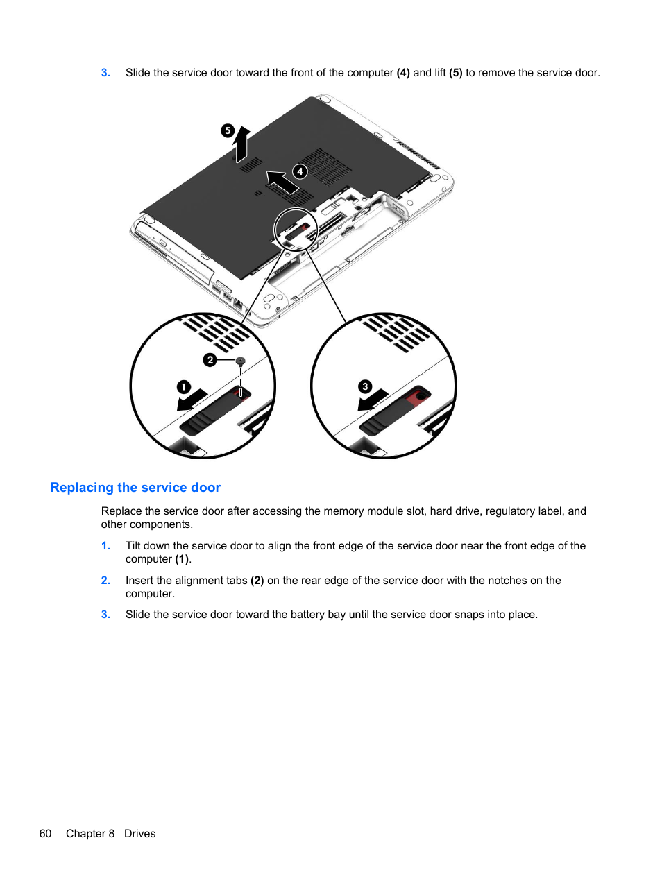 Replacing the service door | HP ProBook 645 G1 Notebook PC User Manual | Page 70 / 115