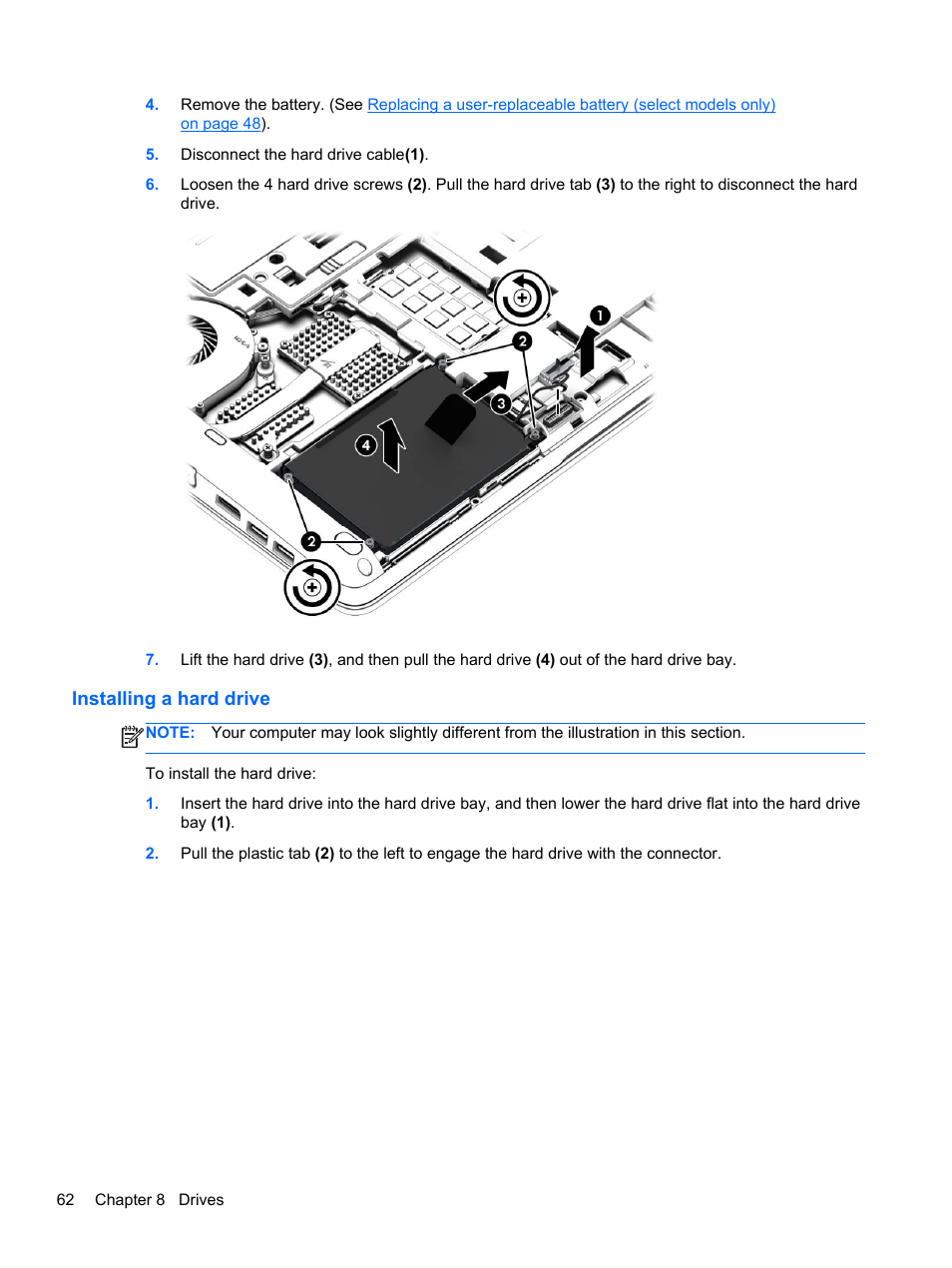 Installing a hard drive | HP ProBook 645 G1 Notebook PC User Manual | Page 72 / 115