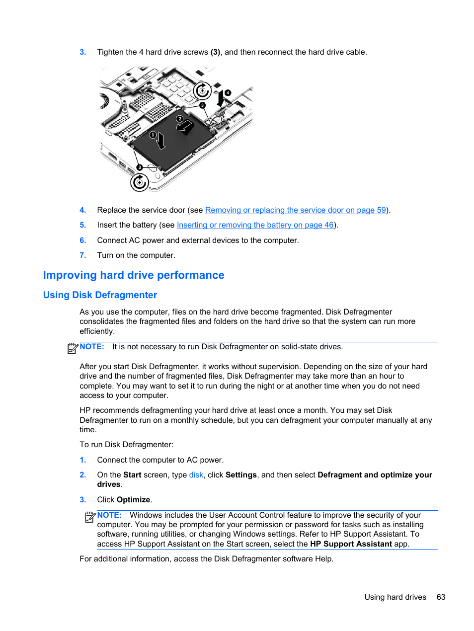 Improving hard drive performance, Using disk defragmenter | HP ProBook 645 G1 Notebook PC User Manual | Page 73 / 115