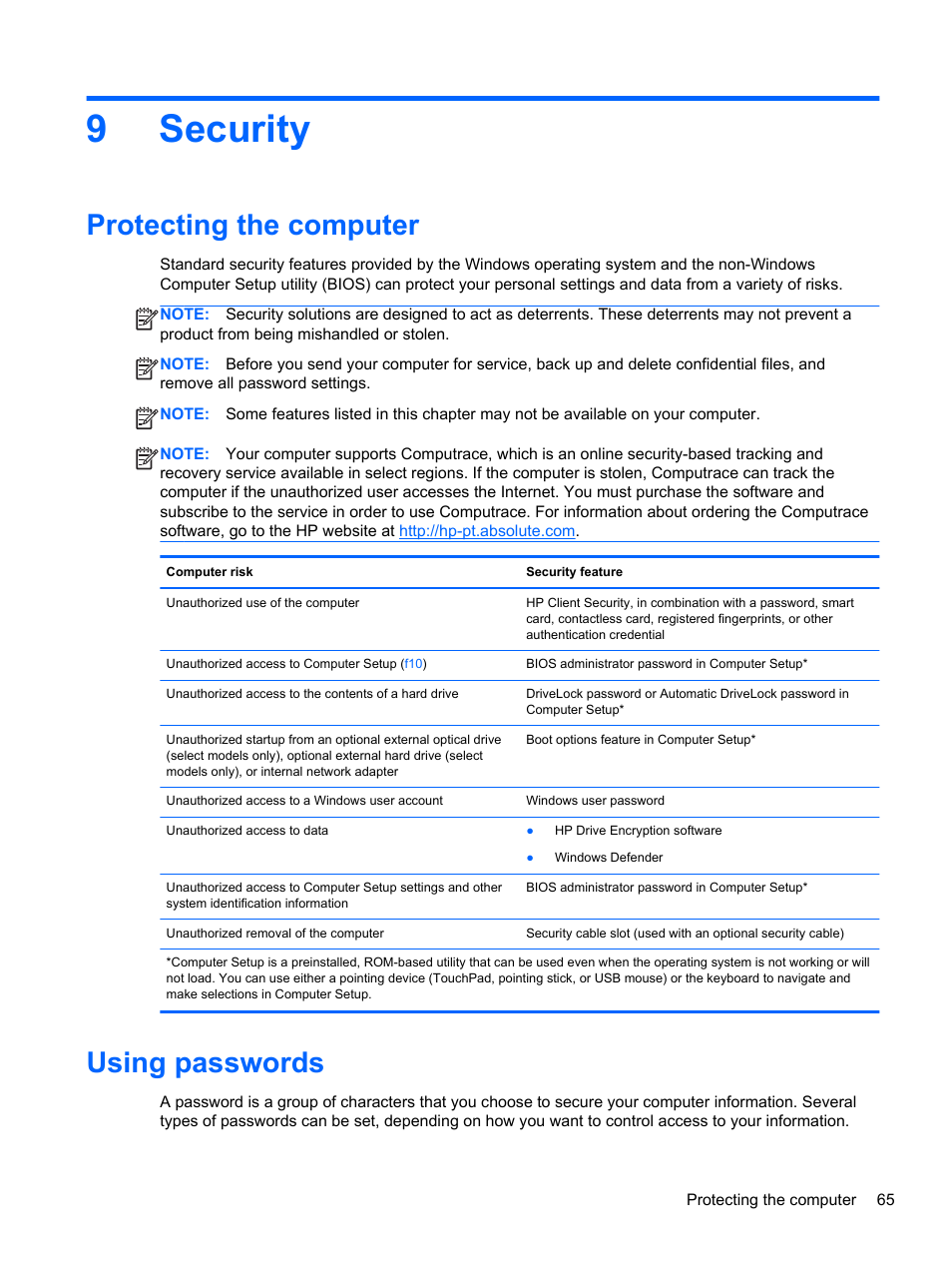 Security, Protecting the computer, Using passwords | 9 security, Protecting the computer using passwords, 9security | HP ProBook 645 G1 Notebook PC User Manual | Page 75 / 115