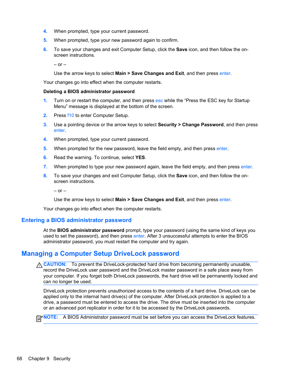 Entering a bios administrator password, Managing a computer setup drivelock password | HP ProBook 645 G1 Notebook PC User Manual | Page 78 / 115