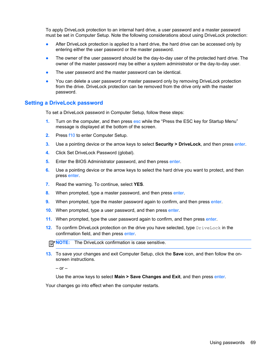 Setting a drivelock password | HP ProBook 645 G1 Notebook PC User Manual | Page 79 / 115