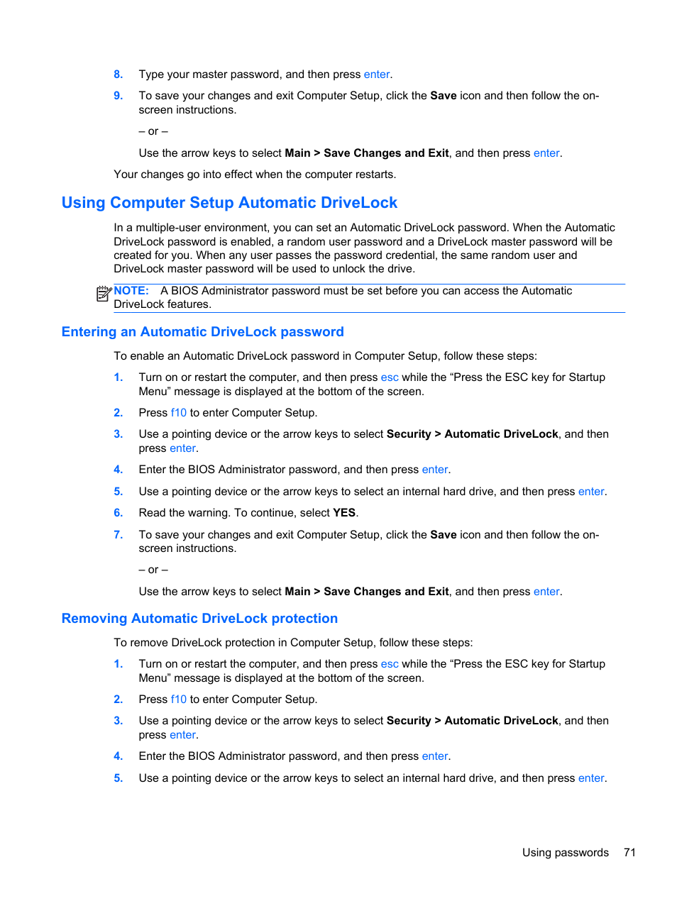 Using computer setup automatic drivelock, Entering an automatic drivelock password, Removing automatic drivelock protection | HP ProBook 645 G1 Notebook PC User Manual | Page 81 / 115