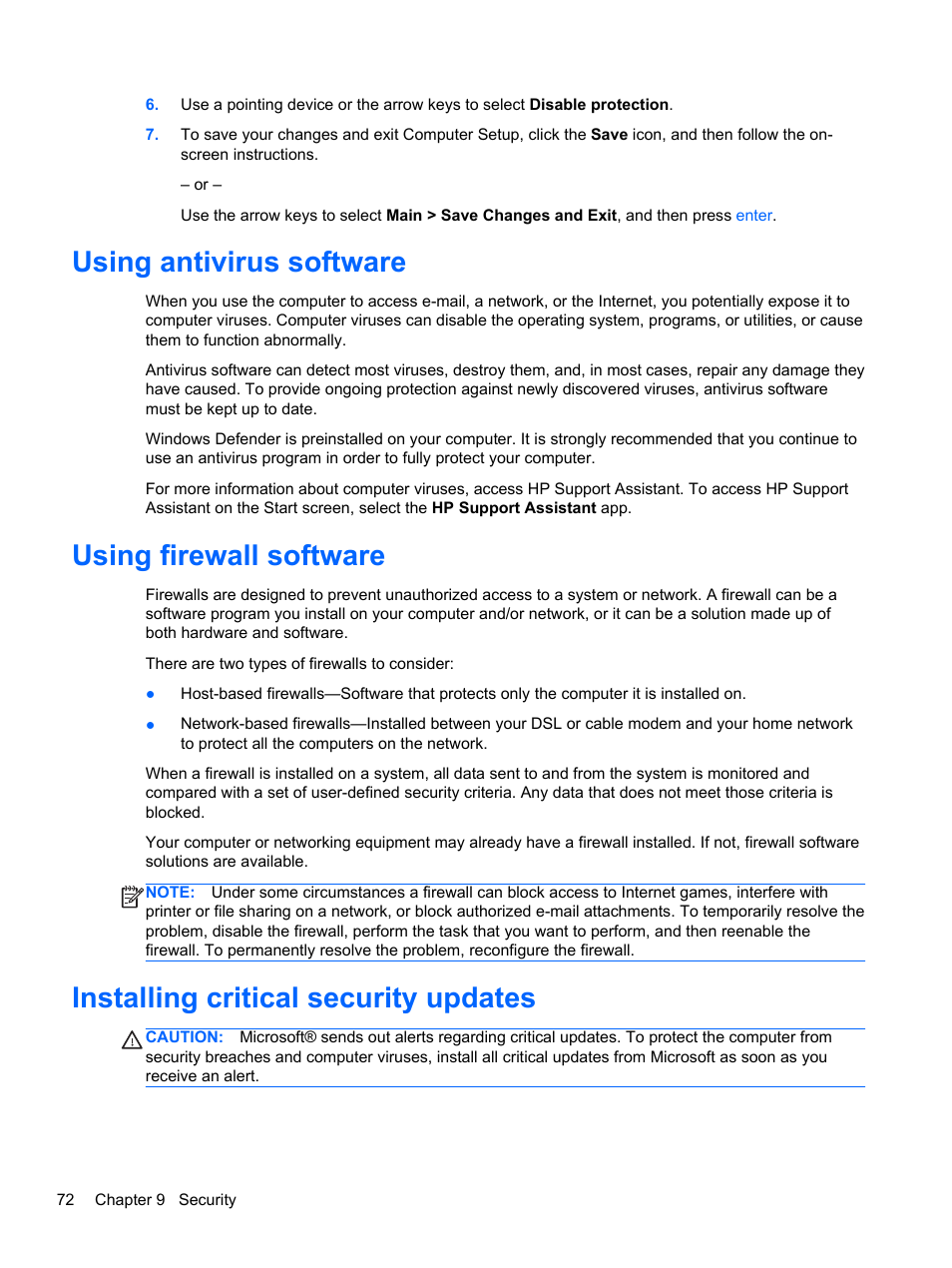 Using antivirus software, Using firewall software, Installing critical security updates | Using antivirus software using firewall software | HP ProBook 645 G1 Notebook PC User Manual | Page 82 / 115