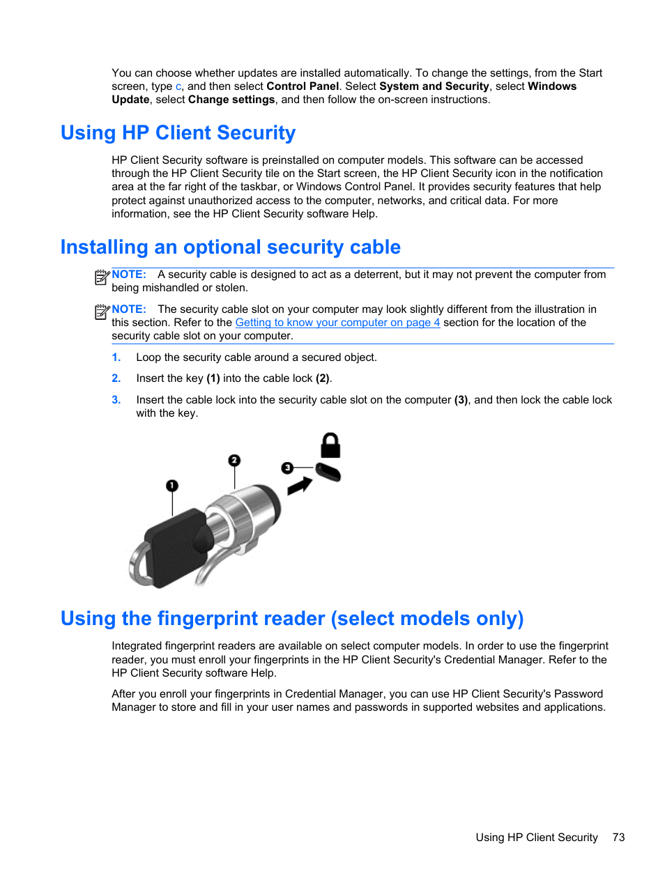 Using hp client security, Installing an optional security cable, Using the fingerprint reader (select models only) | HP ProBook 645 G1 Notebook PC User Manual | Page 83 / 115