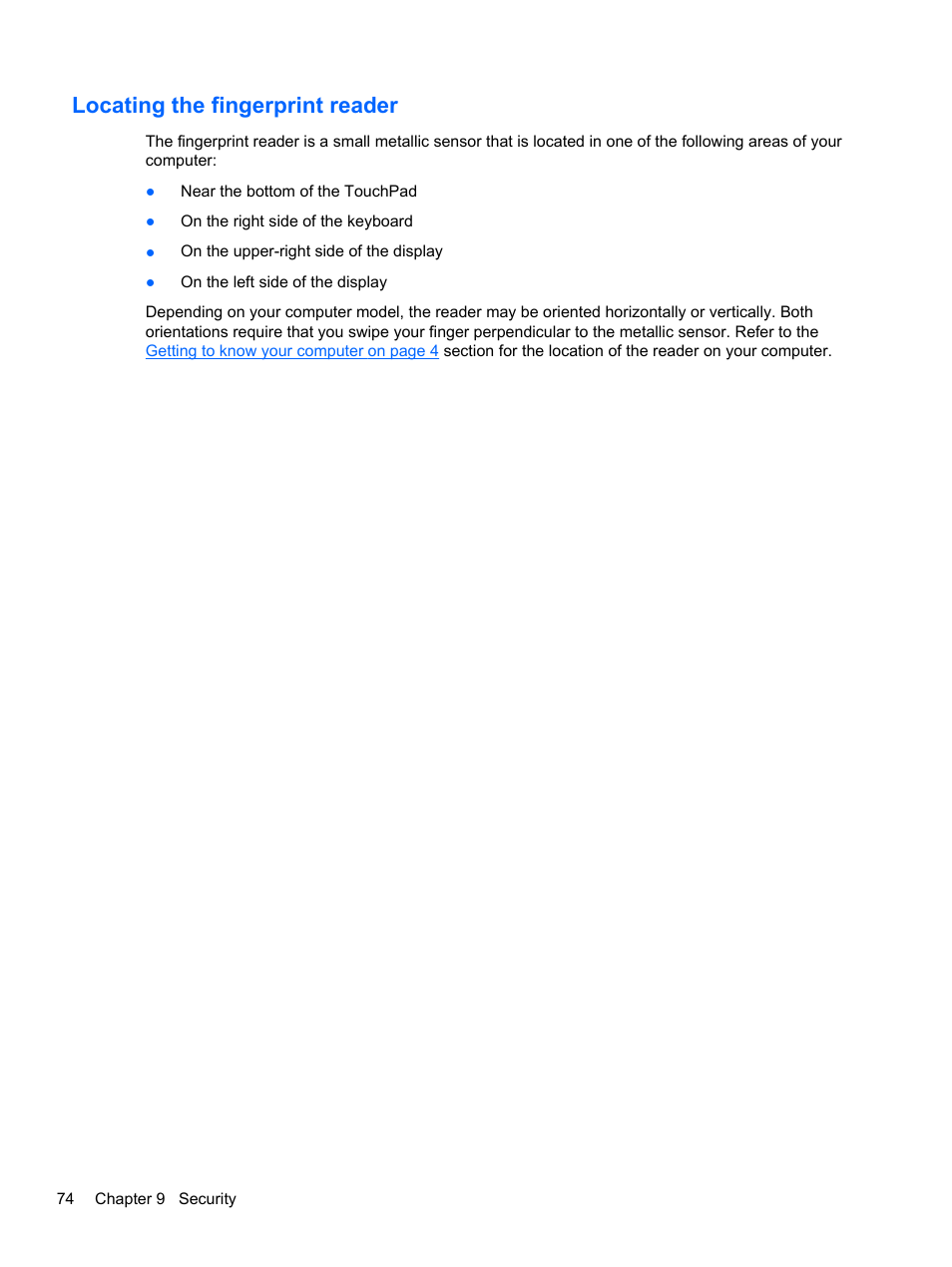 Locating the fingerprint reader | HP ProBook 645 G1 Notebook PC User Manual | Page 84 / 115