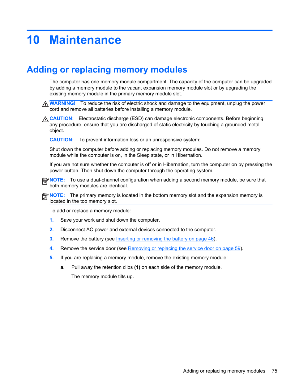 Maintenance, Adding or replacing memory modules, 10 maintenance | HP ProBook 645 G1 Notebook PC User Manual | Page 85 / 115