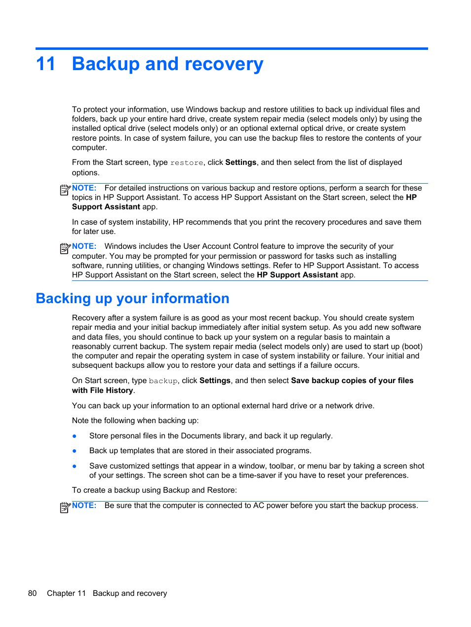 Backup and recovery, Backing up your information, 11 backup and recovery | Backup and | HP ProBook 645 G1 Notebook PC User Manual | Page 90 / 115