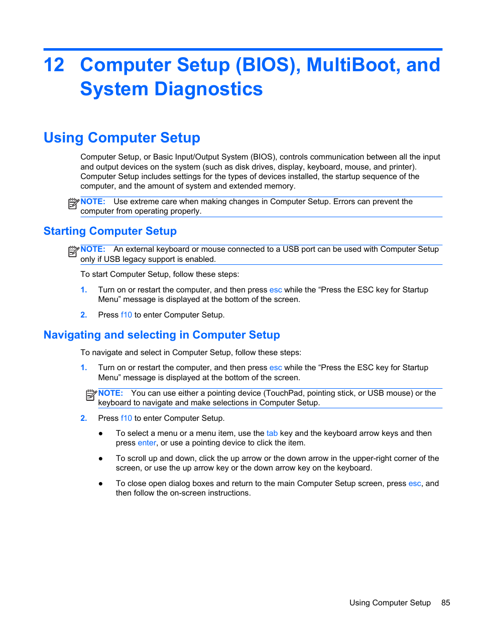 Using computer setup, Starting computer setup, Navigating and selecting in computer setup | HP ProBook 645 G1 Notebook PC User Manual | Page 95 / 115