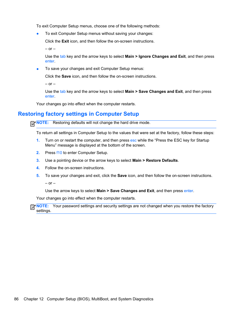 Restoring factory settings in computer setup | HP ProBook 645 G1 Notebook PC User Manual | Page 96 / 115