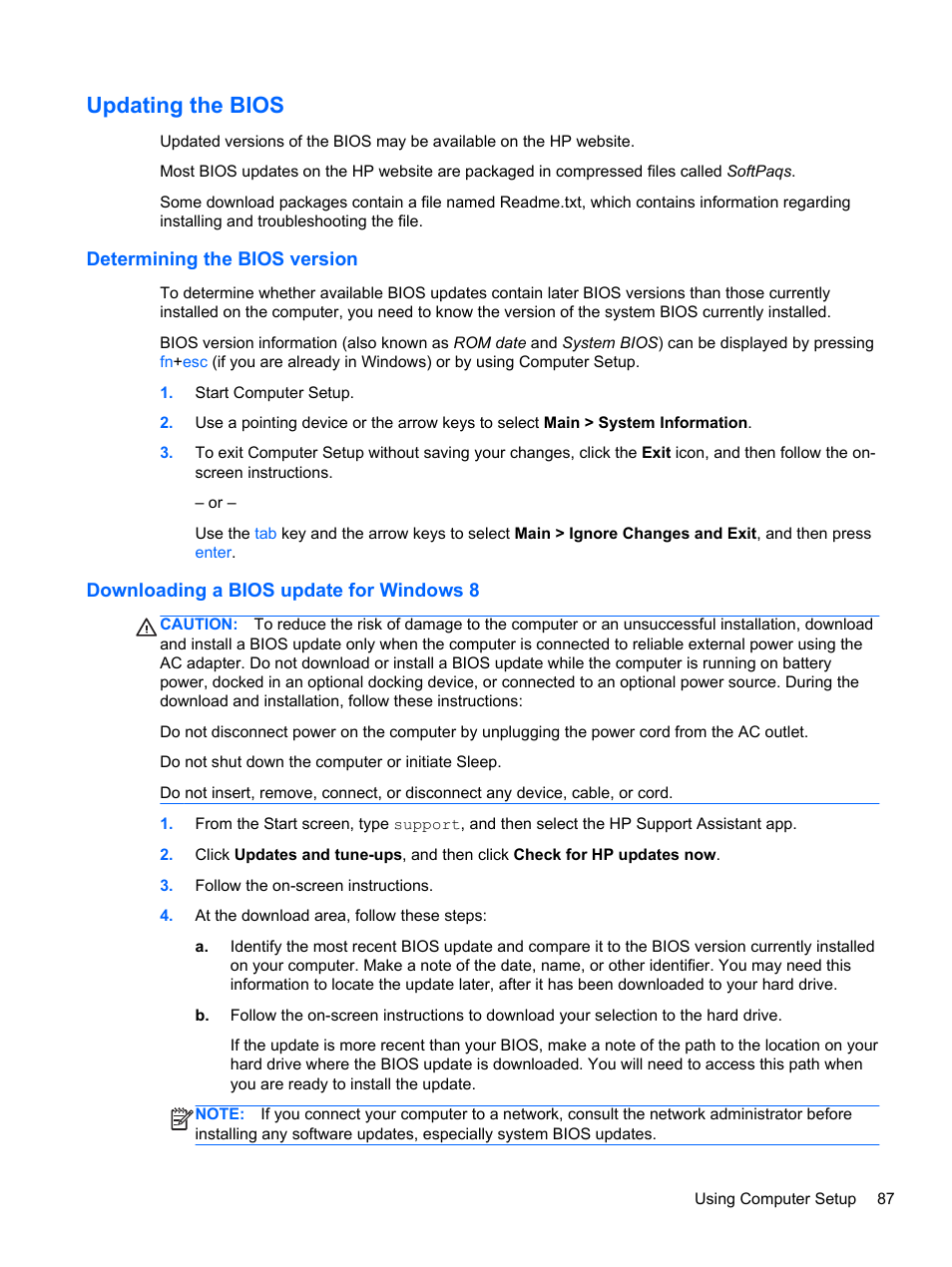 Updating the bios, Determining the bios version, Downloading a bios update for windows 8 | HP ProBook 645 G1 Notebook PC User Manual | Page 97 / 115
