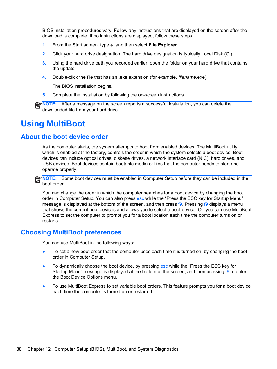 Using multiboot, About the boot device order, Choosing multiboot preferences | HP ProBook 645 G1 Notebook PC User Manual | Page 98 / 115