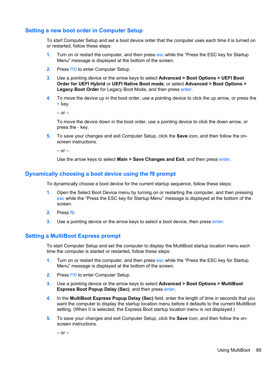 Setting a new boot order in computer setup, Setting a multiboot express prompt | HP ProBook 645 G1 Notebook PC User Manual | Page 99 / 115