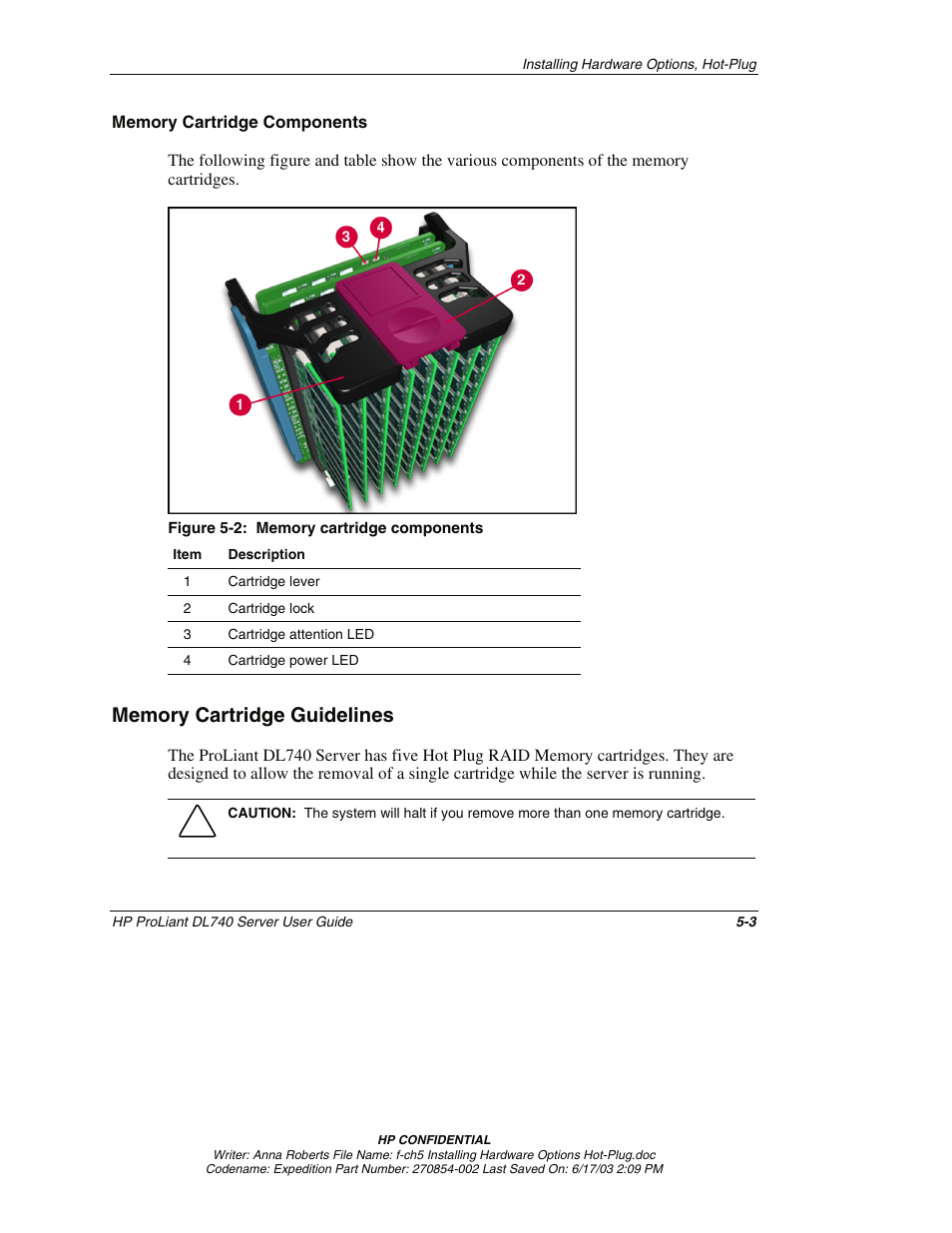 Memory cartridge components, Memory cartridge guidelines, Memory cartridge guidelines -3 | HP ProLiant DL740 Server User Manual | Page 102 / 277