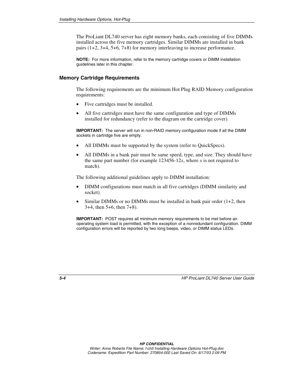 Memory cartridge requirements | HP ProLiant DL740 Server User Manual | Page 103 / 277