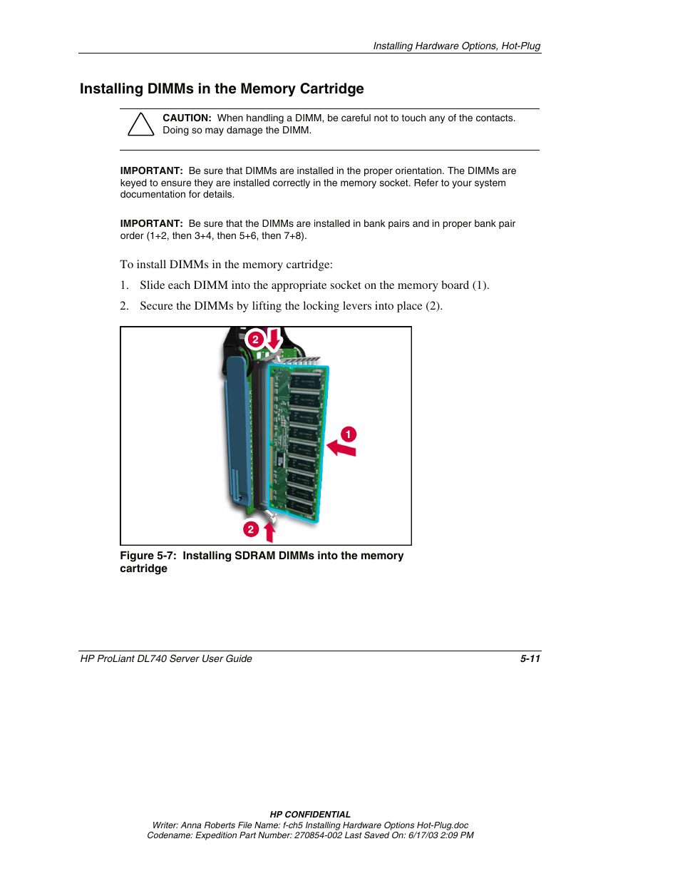 Installing dimms in the memory cartridge, Installing dimms in the memory cartridge -11 | HP ProLiant DL740 Server User Manual | Page 110 / 277