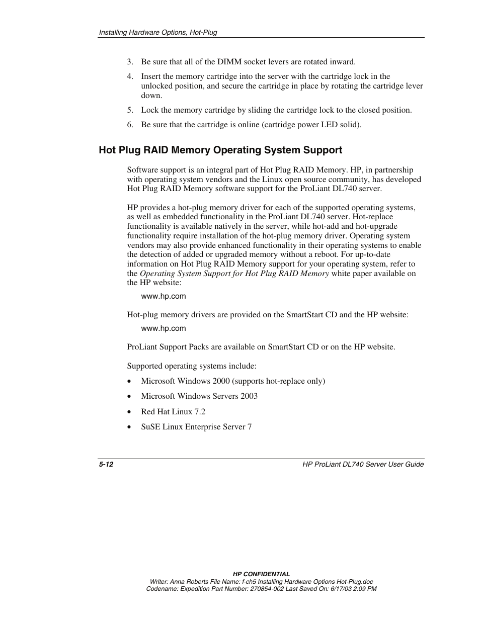 Hot plug raid memory operating system support, Hot plug raid memory operating system support -12 | HP ProLiant DL740 Server User Manual | Page 111 / 277