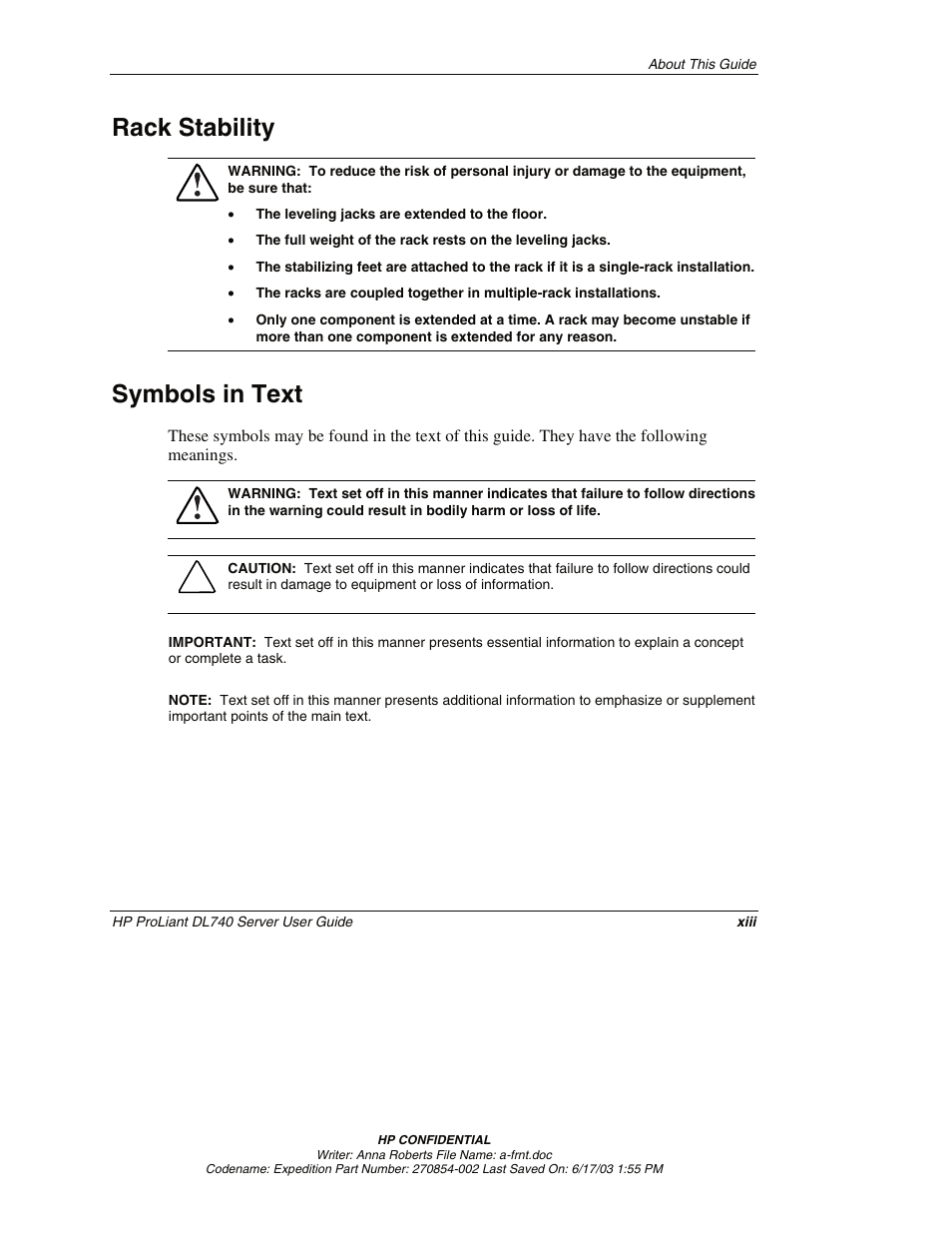 Rack stability, Symbols in text | HP ProLiant DL740 Server User Manual | Page 12 / 277