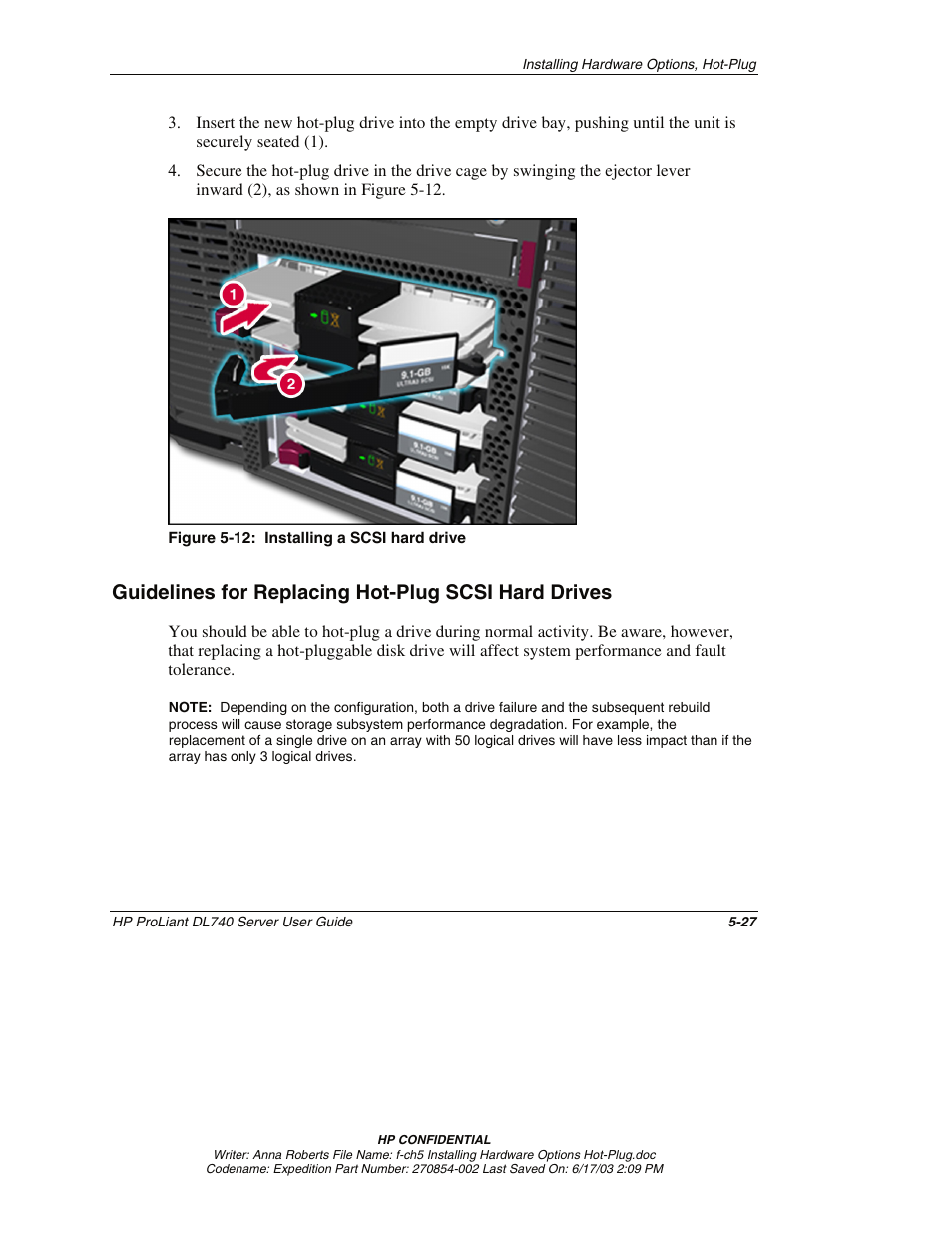 Guidelines for replacing hot-plug scsi hard drives | HP ProLiant DL740 Server User Manual | Page 126 / 277