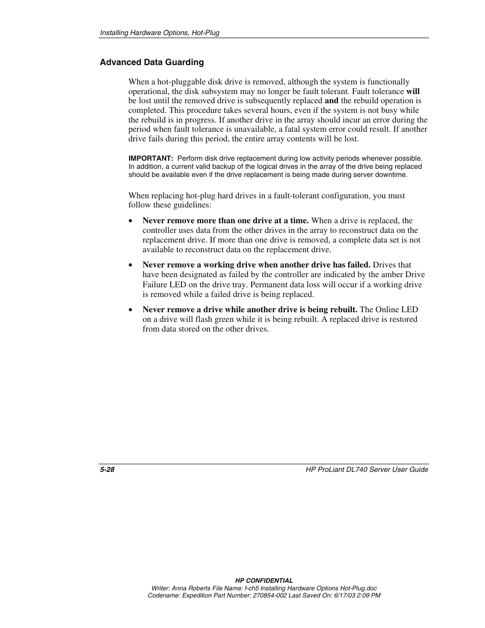 Advanced data guarding | HP ProLiant DL740 Server User Manual | Page 127 / 277