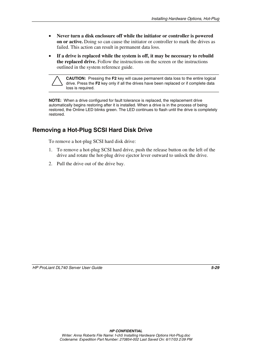 Removing a hot-plug scsi hard disk drive, Removing a hot-plug scsi hard disk drive -29 | HP ProLiant DL740 Server User Manual | Page 128 / 277